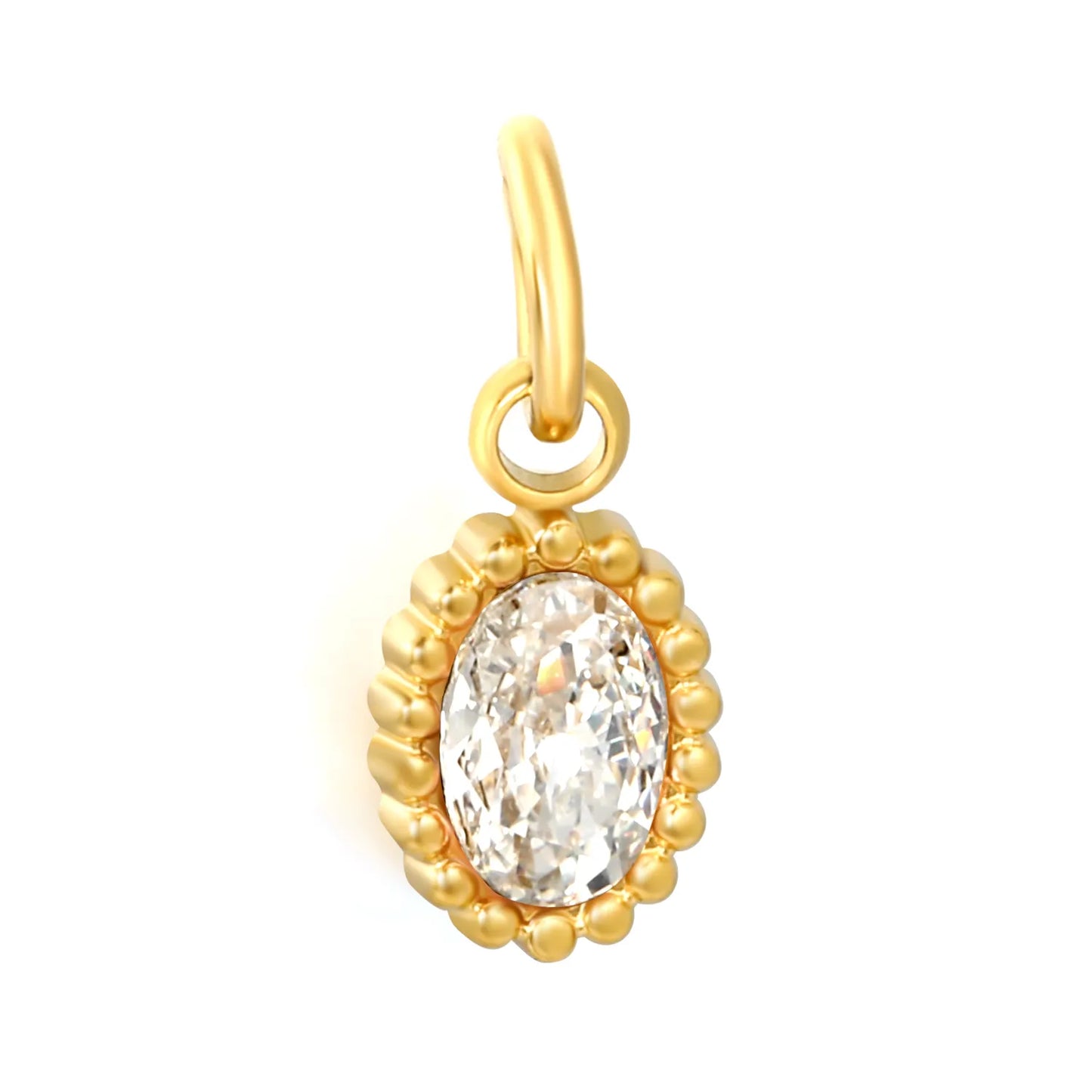 Beaded Edge Oval CZ Charm Pendants | 18K Gold Plated Stainless Steel Dangle Charms | 5 Gem Colors | Wholesale MOQ 12