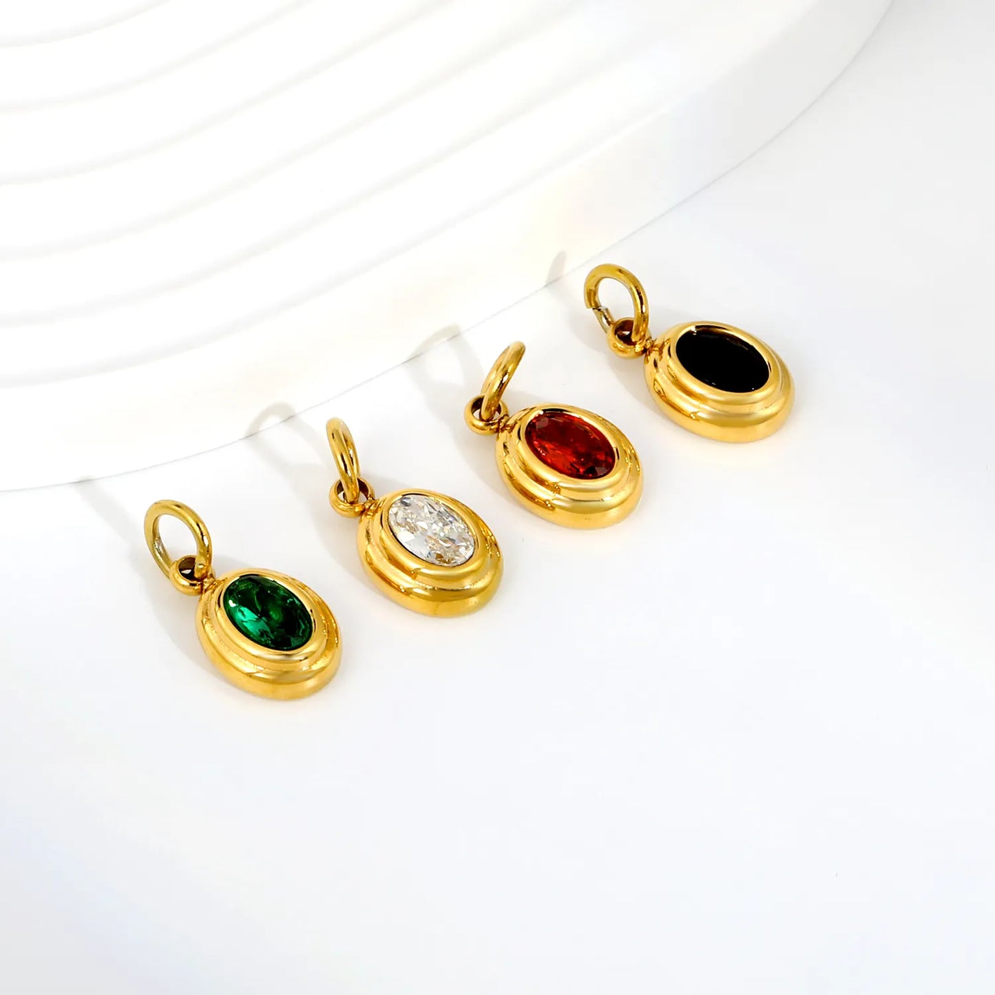 Double Layer Bezel Oval CZ Charm Pendants | 8.2×10mm | 18K Gold Plated Stainless Steel Dangle Charm | 4 Assorted Gem Colors | Wholesale MOQ 12