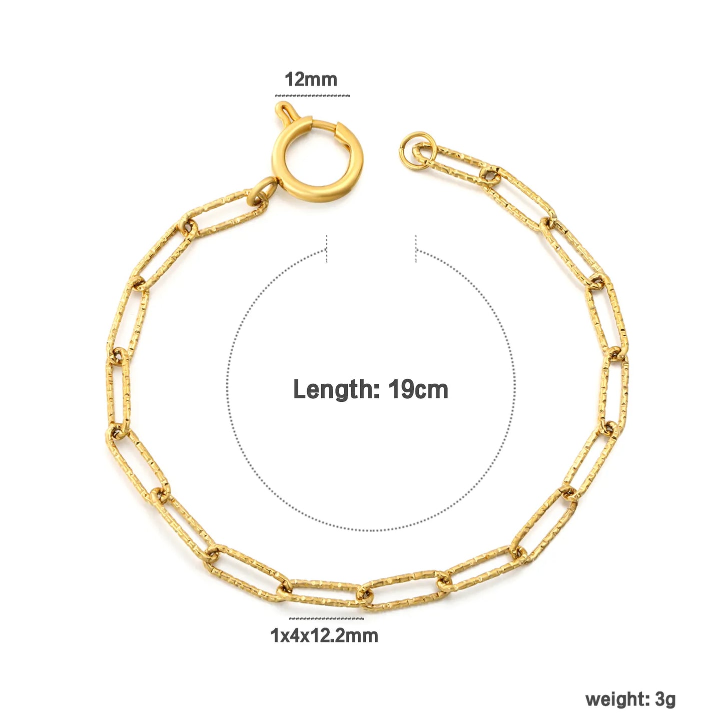 Hammered Textured Paperclip Link Bracelet | 18K Gold Plated Stainless Steel Spring Clasp Chain Bracelet | Wholesale MOQ 12