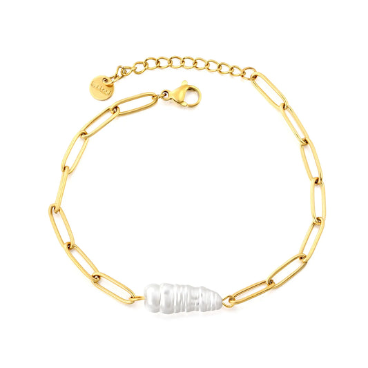 Baroque Pearl Paperclip Link Bracelet | Adjustable 17+3cm | 18K Gold Plated Stainless Steel Oval Link Bracelet | Wholesale MOQ 12