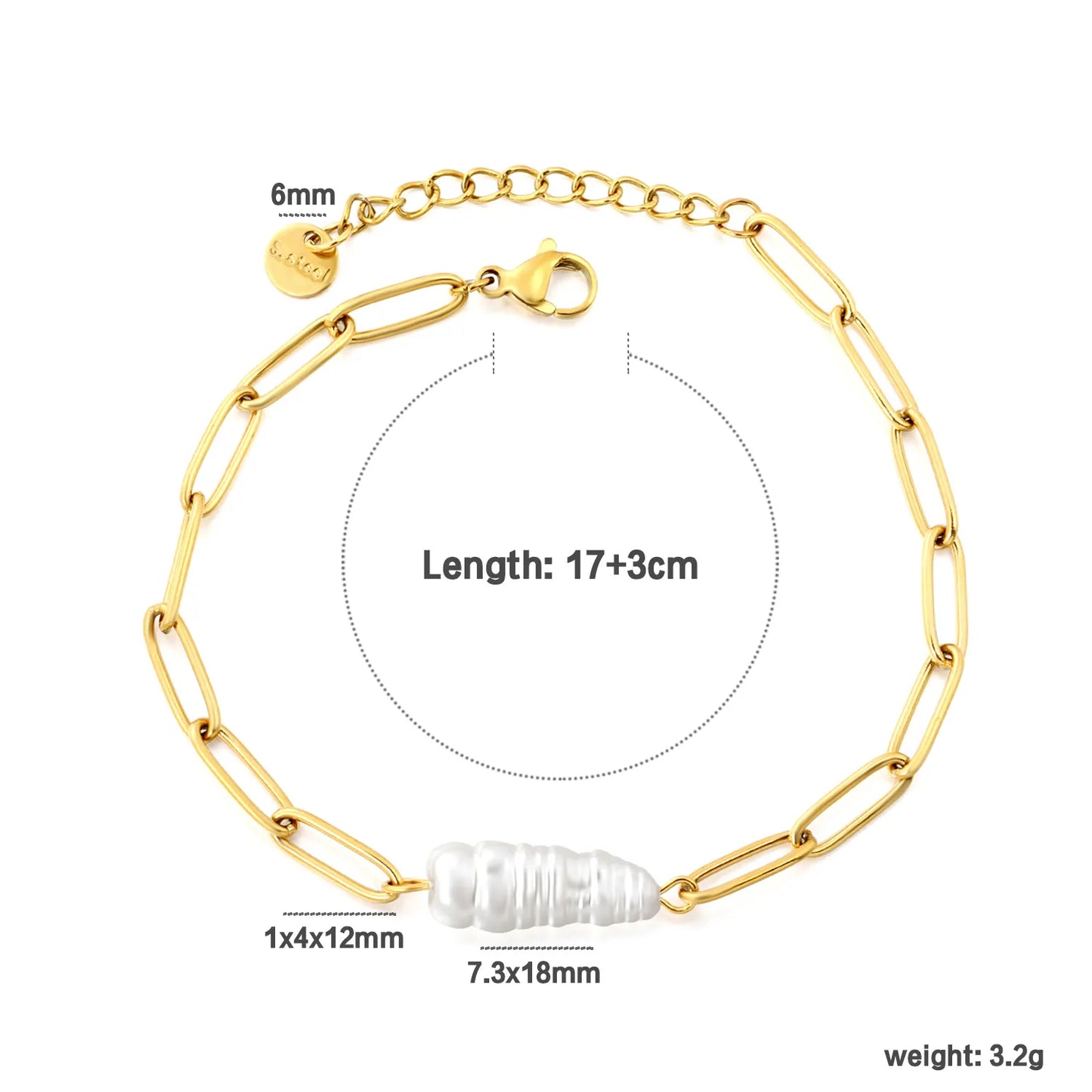 Baroque Pearl Paperclip Link Bracelet | Adjustable 17+3cm | 18K Gold Plated Stainless Steel Oval Link Bracelet | Wholesale MOQ 12