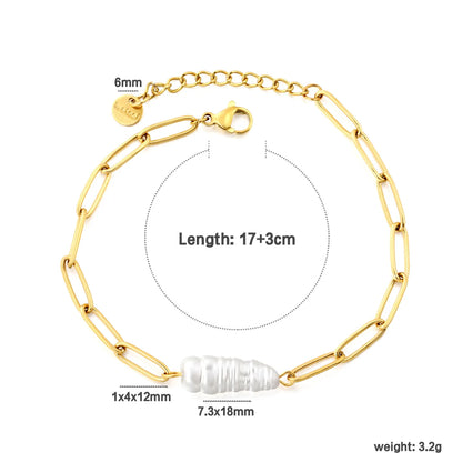 Baroque Pearl Paperclip Link Bracelet | Adjustable 17+3cm | 18K Gold Plated Stainless Steel Oval Link Bracelet | Wholesale MOQ 12