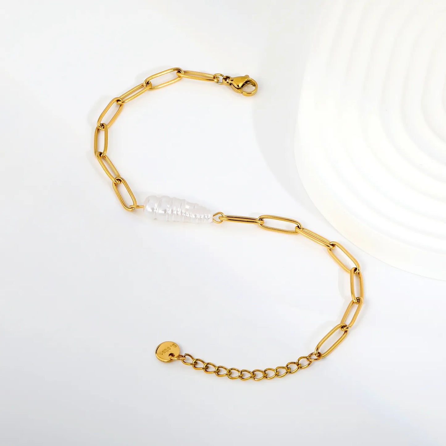 Baroque Pearl Paperclip Link Bracelet | Adjustable 17+3cm | 18K Gold Plated Stainless Steel Oval Link Bracelet | Wholesale MOQ 12