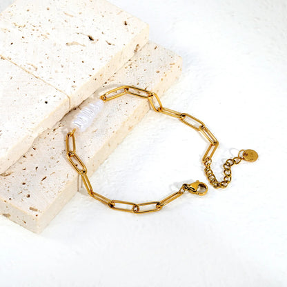 Baroque Pearl Paperclip Link Bracelet | Adjustable 17+3cm | 18K Gold Plated Stainless Steel Oval Link Bracelet | Wholesale MOQ 12