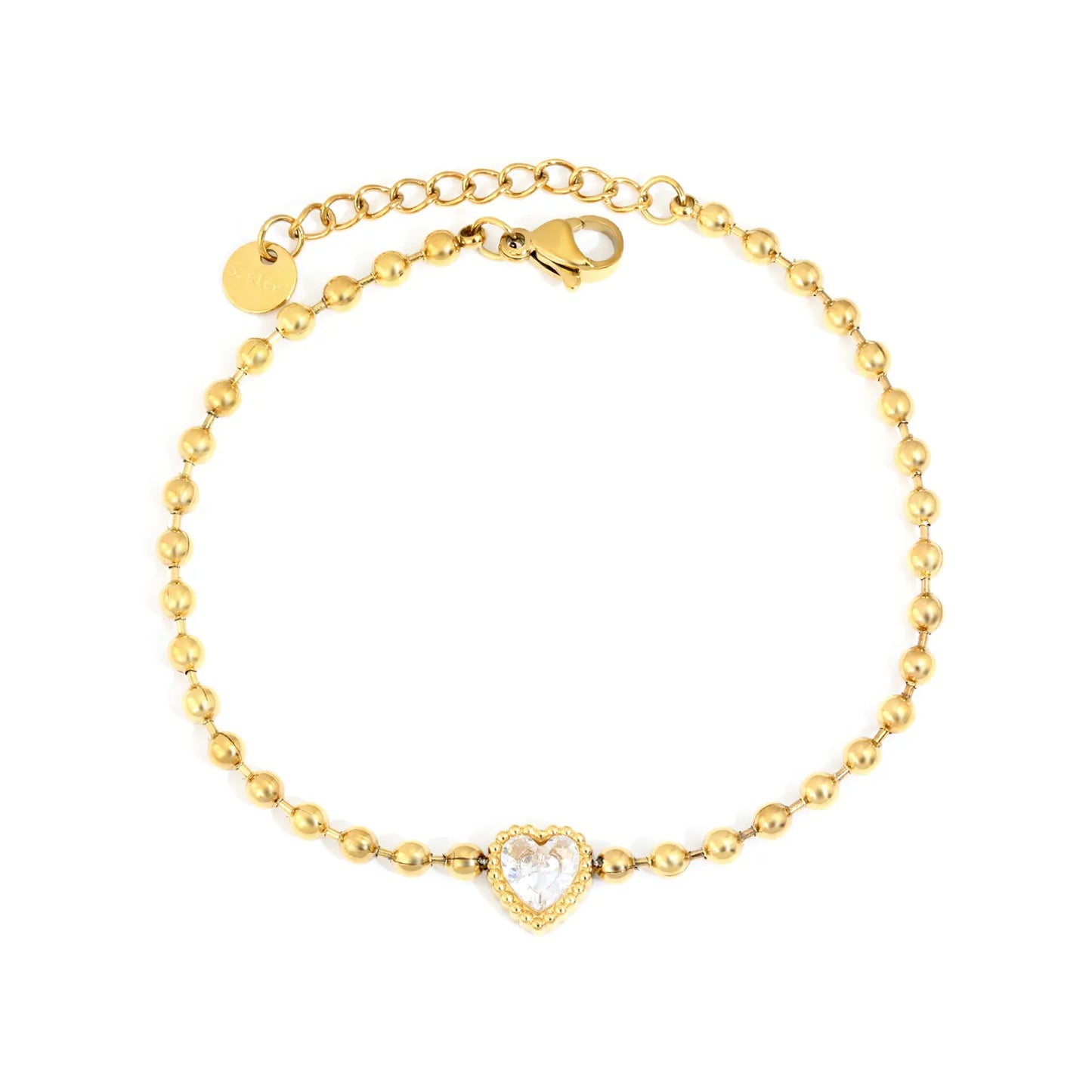 Beaded Chain Heart CZ Gold Adjustable Bracelet | 18K Gold Plated Stainless Steel | Wholesale MOQ 12