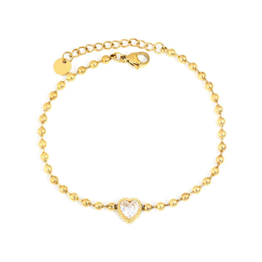 Beaded Chain Heart CZ Gold Adjustable Bracelet | 18K Gold Plated Stainless Steel | Wholesale MOQ 12