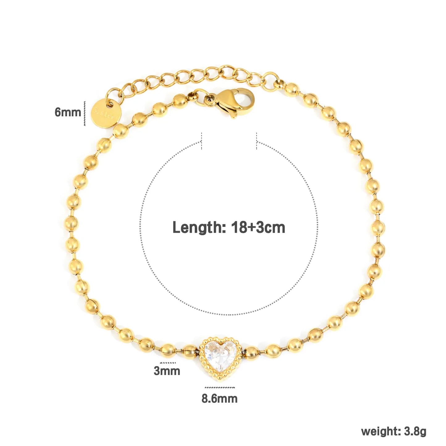 Beaded Chain Heart CZ Gold Adjustable Bracelet | 18K Gold Plated Stainless Steel | Wholesale MOQ 12