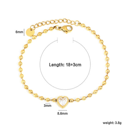 Beaded Chain Heart CZ Gold Adjustable Bracelet | 18K Gold Plated Stainless Steel | Wholesale MOQ 12