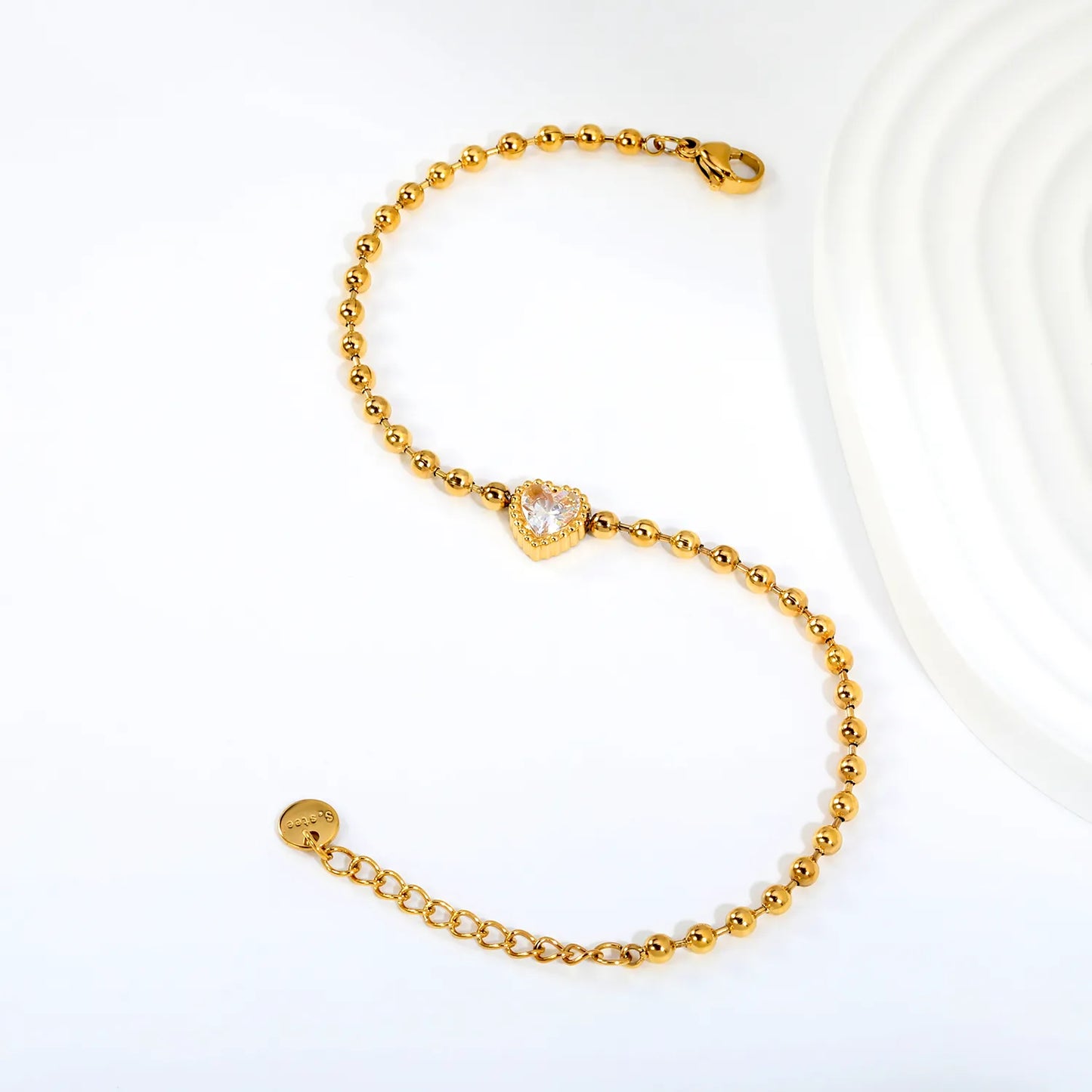 Beaded Chain Heart CZ Gold Adjustable Bracelet | 18K Gold Plated Stainless Steel | Wholesale MOQ 12