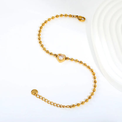 Beaded Chain Heart CZ Gold Adjustable Bracelet | 18K Gold Plated Stainless Steel | Wholesale MOQ 12