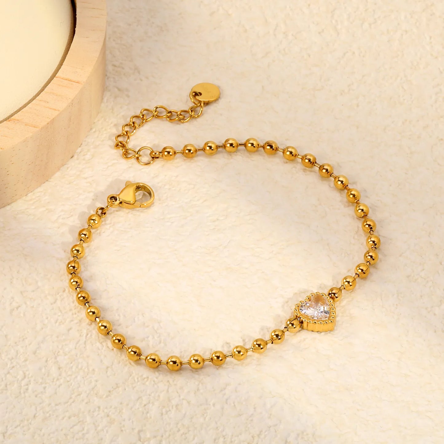 Beaded Chain Heart CZ Gold Adjustable Bracelet | 18K Gold Plated Stainless Steel | Wholesale MOQ 12