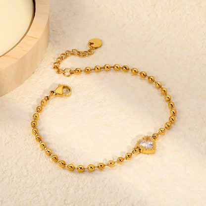 Beaded Chain Heart CZ Gold Adjustable Bracelet | 18K Gold Plated Stainless Steel | Wholesale MOQ 12