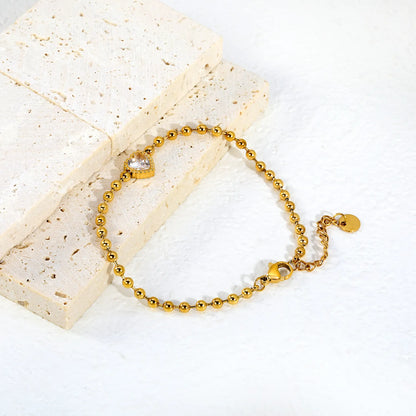 Beaded Chain Heart CZ Gold Adjustable Bracelet | 18K Gold Plated Stainless Steel | Wholesale MOQ 12