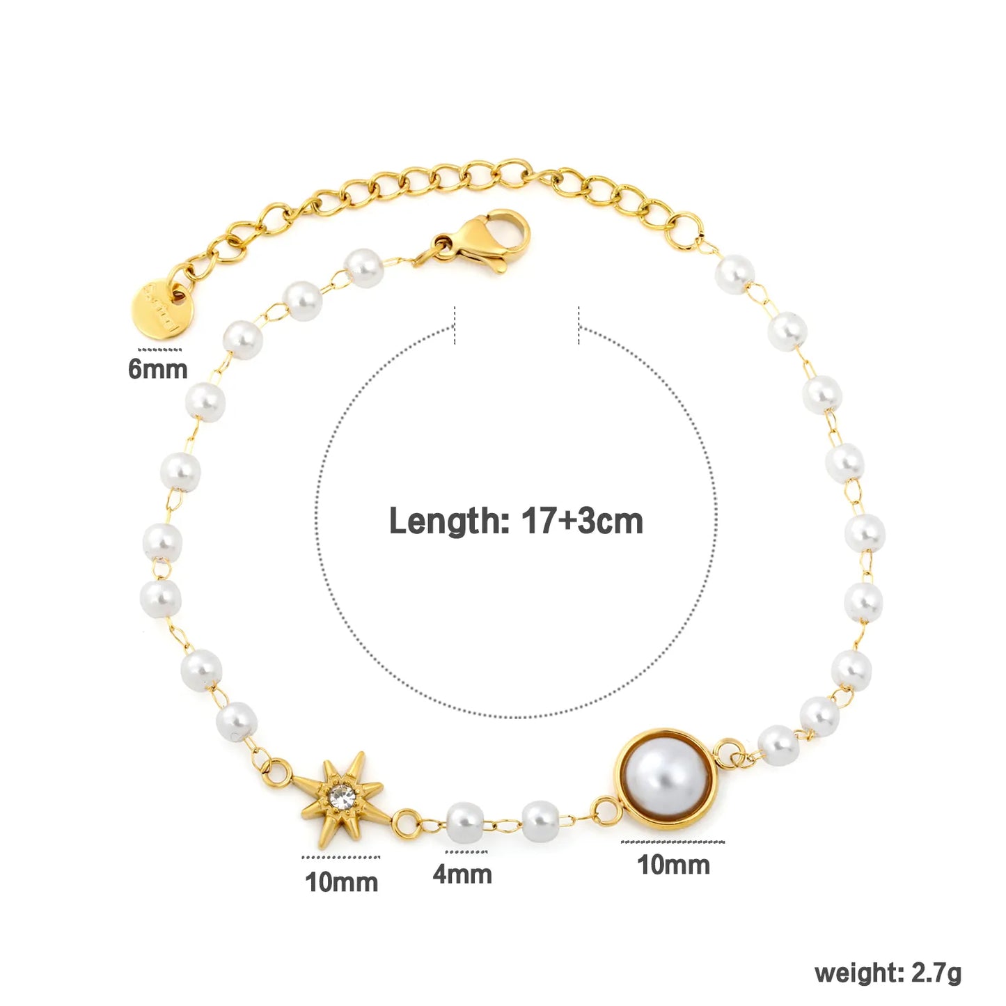 Star & Single Big Pearl Beaded Bracelet | 18K Gold Plated Stainless Steel Imitation Pearl Chain Bracelet | Wholesale MOQ 12