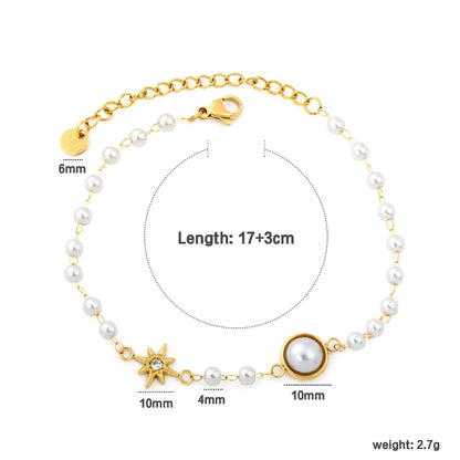 Star & Single Big Pearl Beaded Bracelet | 18K Gold Plated Stainless Steel Imitation Pearl Chain Bracelet | Wholesale MOQ 12