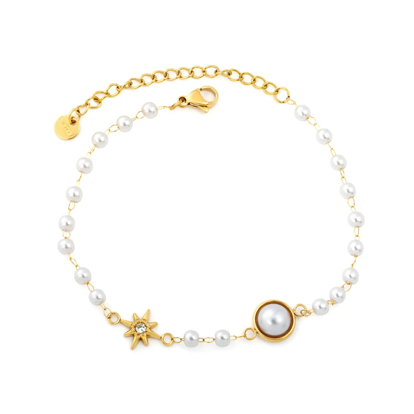 Star & Single Big Pearl Beaded Bracelet | 18K Gold Plated Stainless Steel Imitation Pearl Chain Bracelet | Wholesale MOQ 12