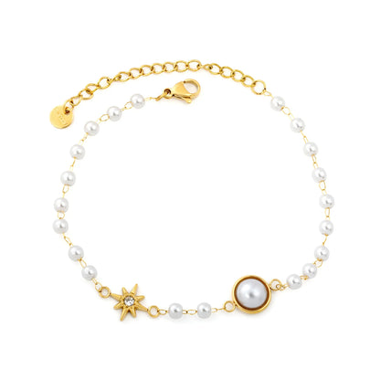 Star & Single Big Pearl Beaded Bracelet | 18K Gold Plated Stainless Steel Imitation Pearl Chain Bracelet | Wholesale MOQ 12