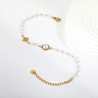 Star & Single Big Pearl Beaded Bracelet | 18K Gold Plated Stainless Steel Imitation Pearl Chain Bracelet | Wholesale MOQ 12