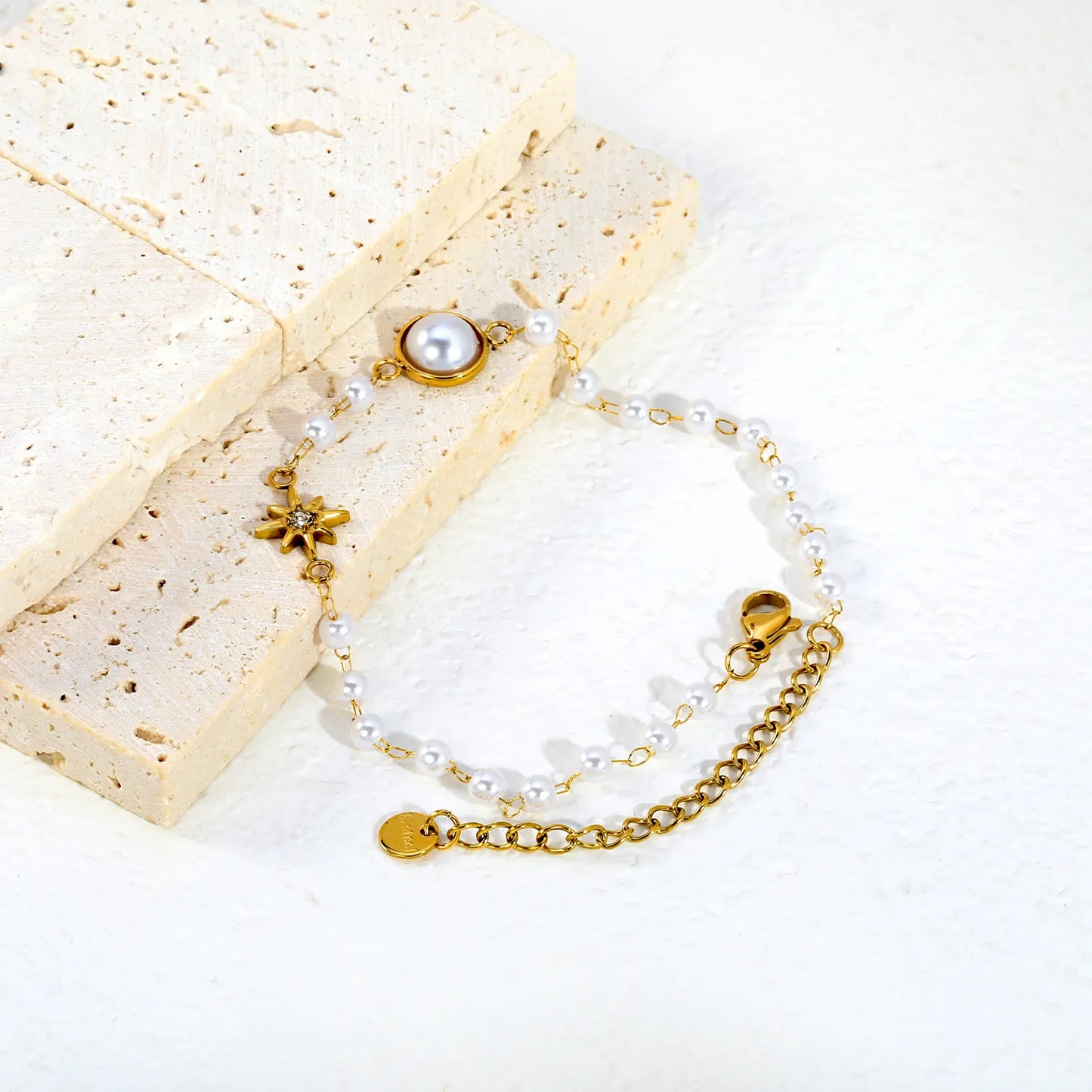 Star & Single Big Pearl Beaded Bracelet | 18K Gold Plated Stainless Steel Imitation Pearl Chain Bracelet | Wholesale MOQ 12