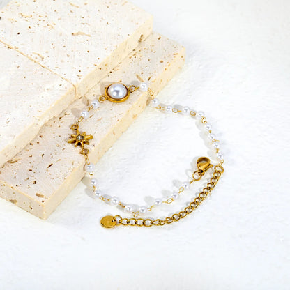 Star & Single Big Pearl Beaded Bracelet | 18K Gold Plated Stainless Steel Imitation Pearl Chain Bracelet | Wholesale MOQ 12