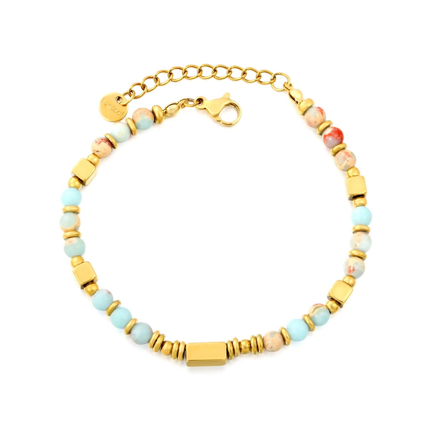 Natural Shoushan Stone Mixed Bead Gold Bracelet | Adjustable 17+3cm | 18K Gold Plated Stainless Steel Boho Beaded Bracelet | Wholesale MOQ 12