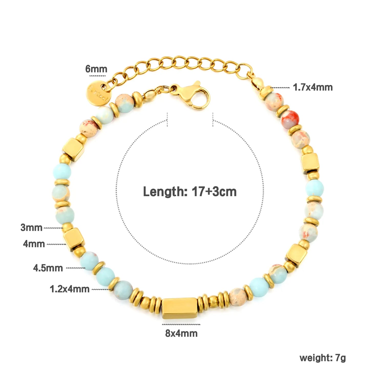 Natural Shoushan Stone Mixed Bead Gold Bracelet | Adjustable 17+3cm | 18K Gold Plated Stainless Steel Boho Beaded Bracelet | Wholesale MOQ 12