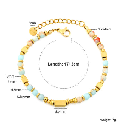 Natural Shoushan Stone Mixed Bead Gold Bracelet | Adjustable 17+3cm | 18K Gold Plated Stainless Steel Boho Beaded Bracelet | Wholesale MOQ 12