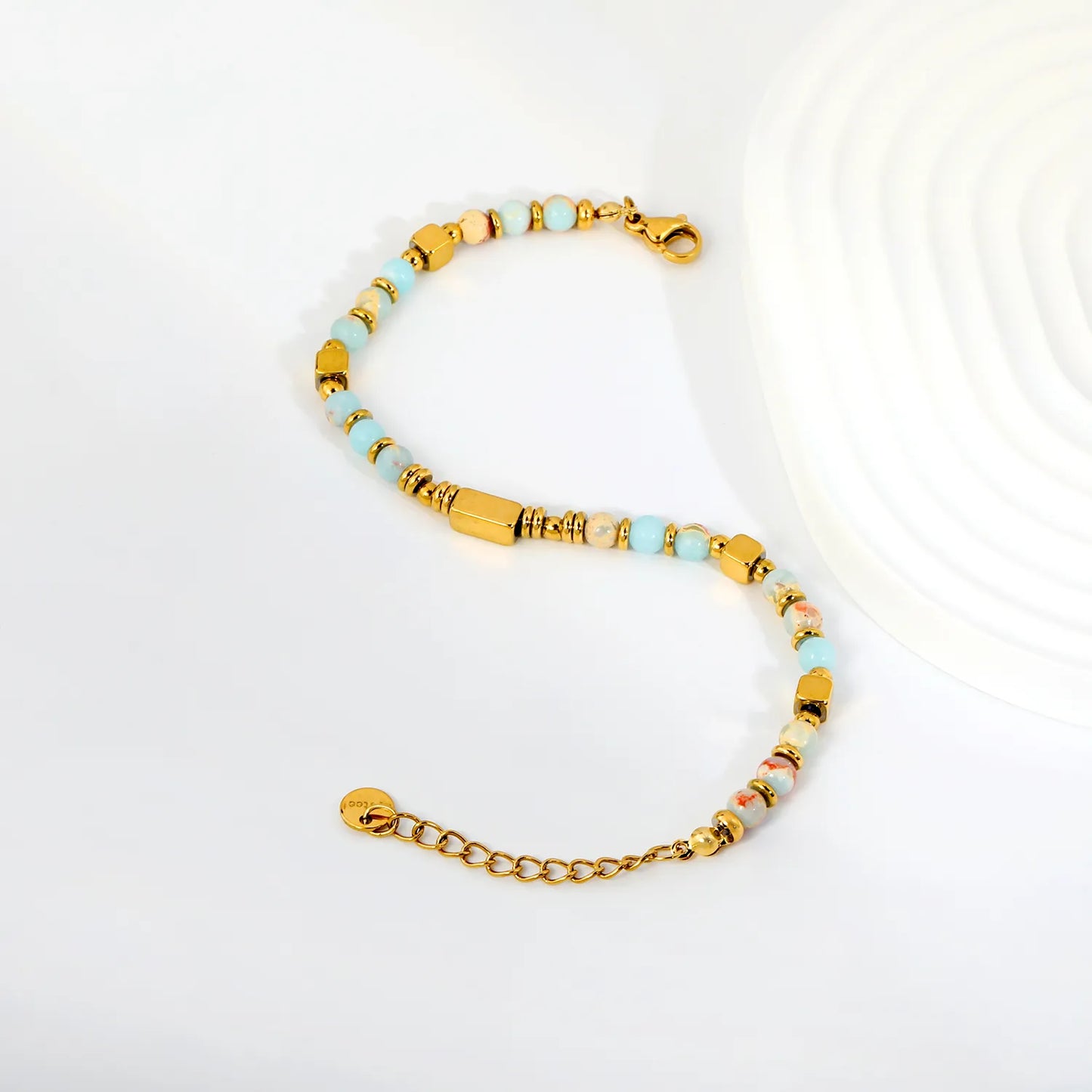 Natural Shoushan Stone Mixed Bead Gold Bracelet | Adjustable 17+3cm | 18K Gold Plated Stainless Steel Boho Beaded Bracelet | Wholesale MOQ 12