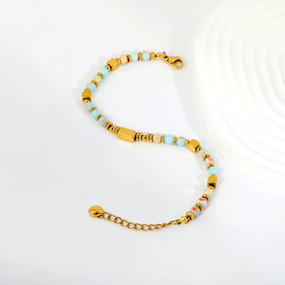 Natural Shoushan Stone Mixed Bead Gold Bracelet | Adjustable 17+3cm | 18K Gold Plated Stainless Steel Boho Beaded Bracelet | Wholesale MOQ 12