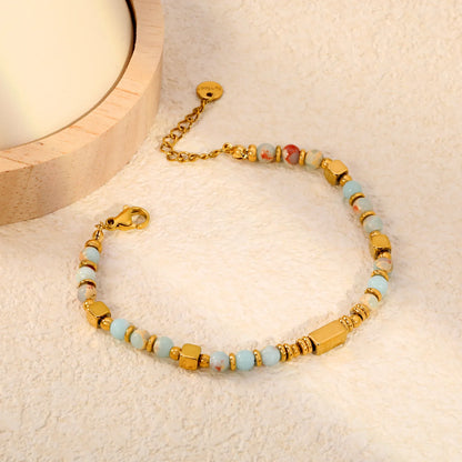 Natural Shoushan Stone Mixed Bead Gold Bracelet | Adjustable 17+3cm | 18K Gold Plated Stainless Steel Boho Beaded Bracelet | Wholesale MOQ 12