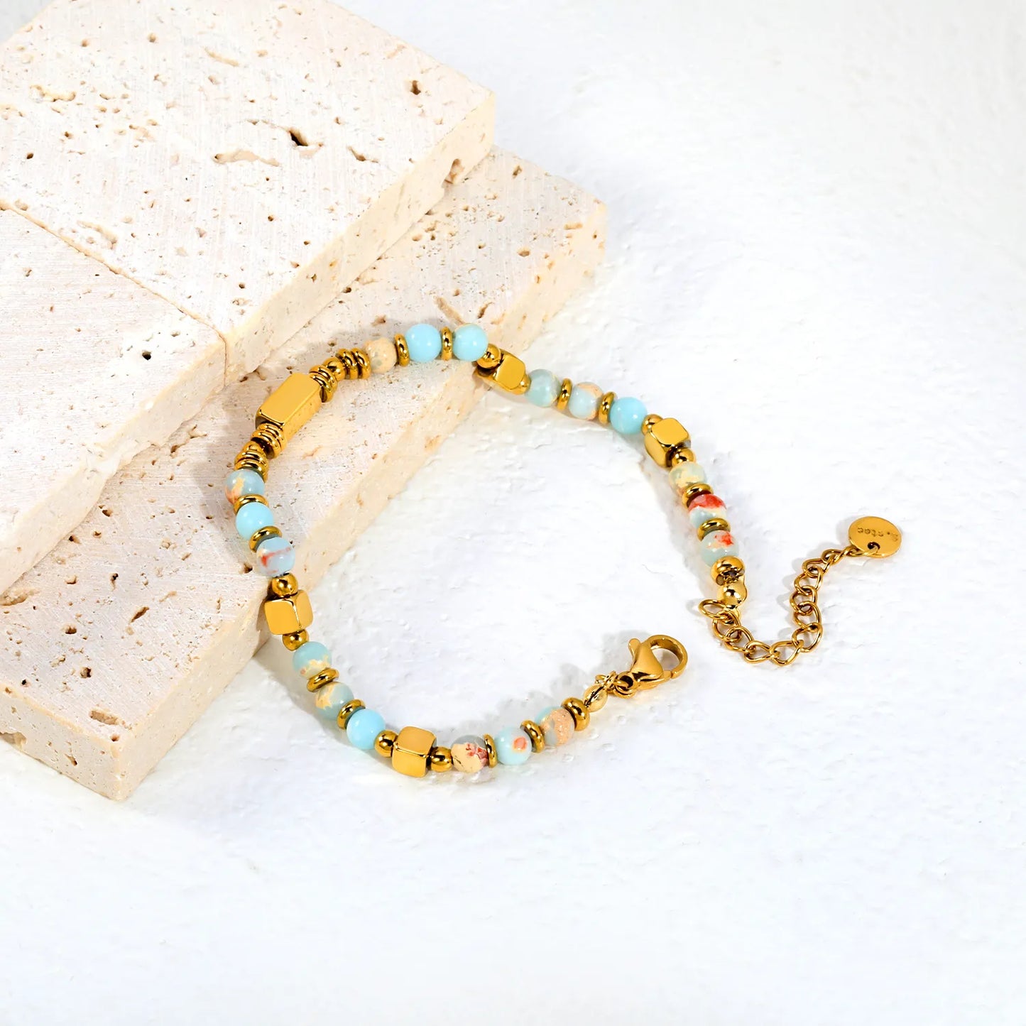 Natural Shoushan Stone Mixed Bead Gold Bracelet | Adjustable 17+3cm | 18K Gold Plated Stainless Steel Boho Beaded Bracelet | Wholesale MOQ 12