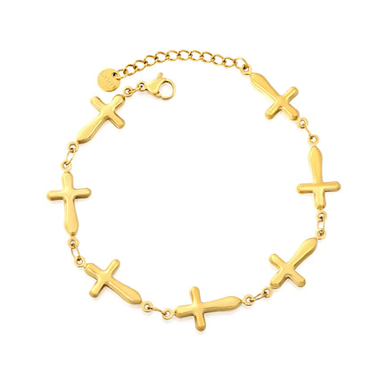 Puffy Solid Cross Charm Link Bracelet | Adjustable 18+3cm 18K Gold Plated Stainless Steel| Wholesale MOQ 12