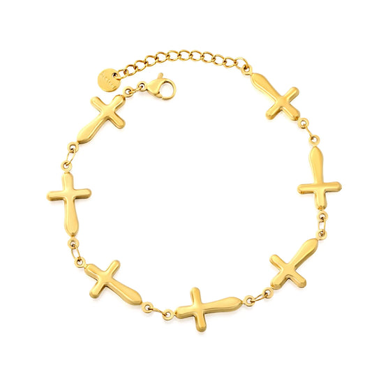 Puffy Solid Cross Charm Link Bracelet | Adjustable 18+3cm 18K Gold Plated Stainless Steel| Wholesale MOQ 12