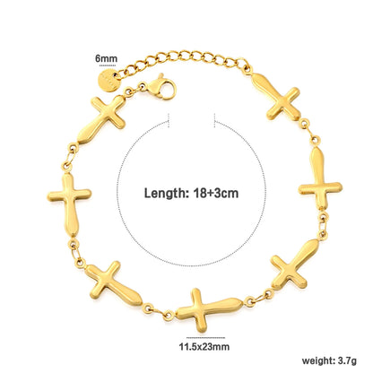 Puffy Solid Cross Charm Link Bracelet | Adjustable 18+3cm 18K Gold Plated Stainless Steel| Wholesale MOQ 12