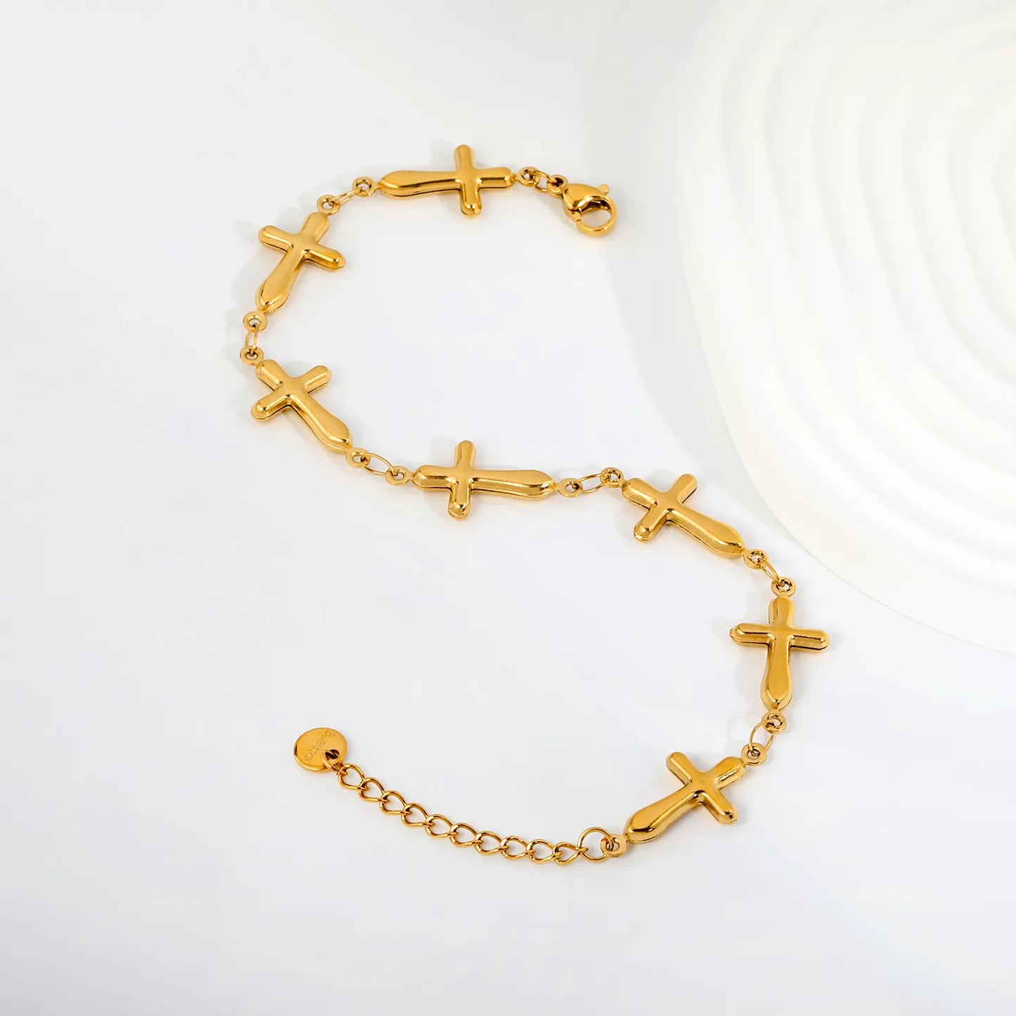Puffy Solid Cross Charm Link Bracelet | Adjustable 18+3cm 18K Gold Plated Stainless Steel| Wholesale MOQ 12