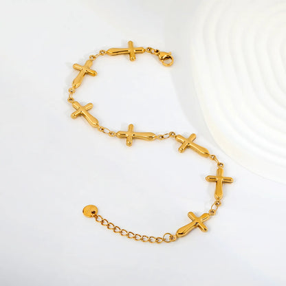Puffy Solid Cross Charm Link Bracelet | Adjustable 18+3cm 18K Gold Plated Stainless Steel| Wholesale MOQ 12
