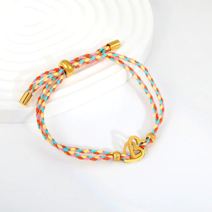 2 Styles Adjustable Braided Rope Charm Bracelets | Length 23cm | 18K Gold Plated Stainless Steel Star & Interlocking Heart Pull Cord Bracelet | Wholesale MOQ 12