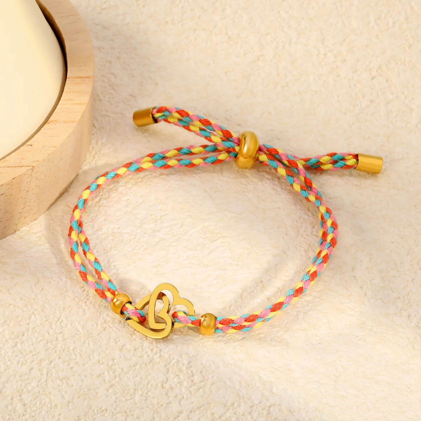 2 Styles Adjustable Braided Rope Charm Bracelets | Length 23cm | 18K Gold Plated Stainless Steel Star & Interlocking Heart Pull Cord Bracelet | Wholesale MOQ 12