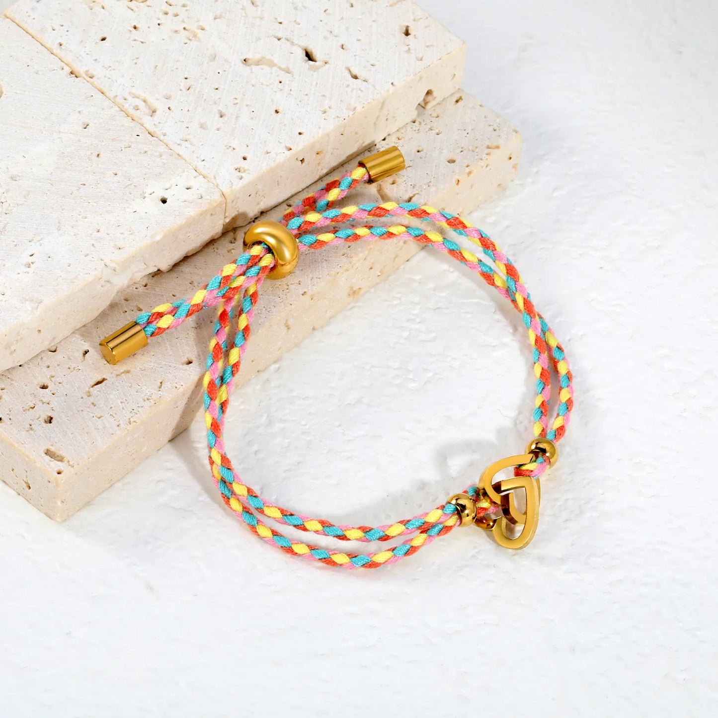 2 Styles Adjustable Braided Rope Charm Bracelets | Length 23cm | 18K Gold Plated Stainless Steel Star & Interlocking Heart Pull Cord Bracelet | Wholesale MOQ 12