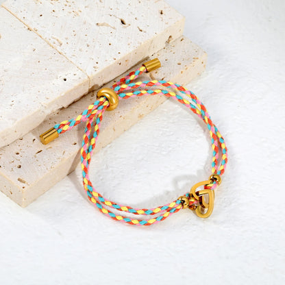 2 Styles Adjustable Braided Rope Charm Bracelets | Length 23cm | 18K Gold Plated Stainless Steel Star & Interlocking Heart Pull Cord Bracelet | Wholesale MOQ 12