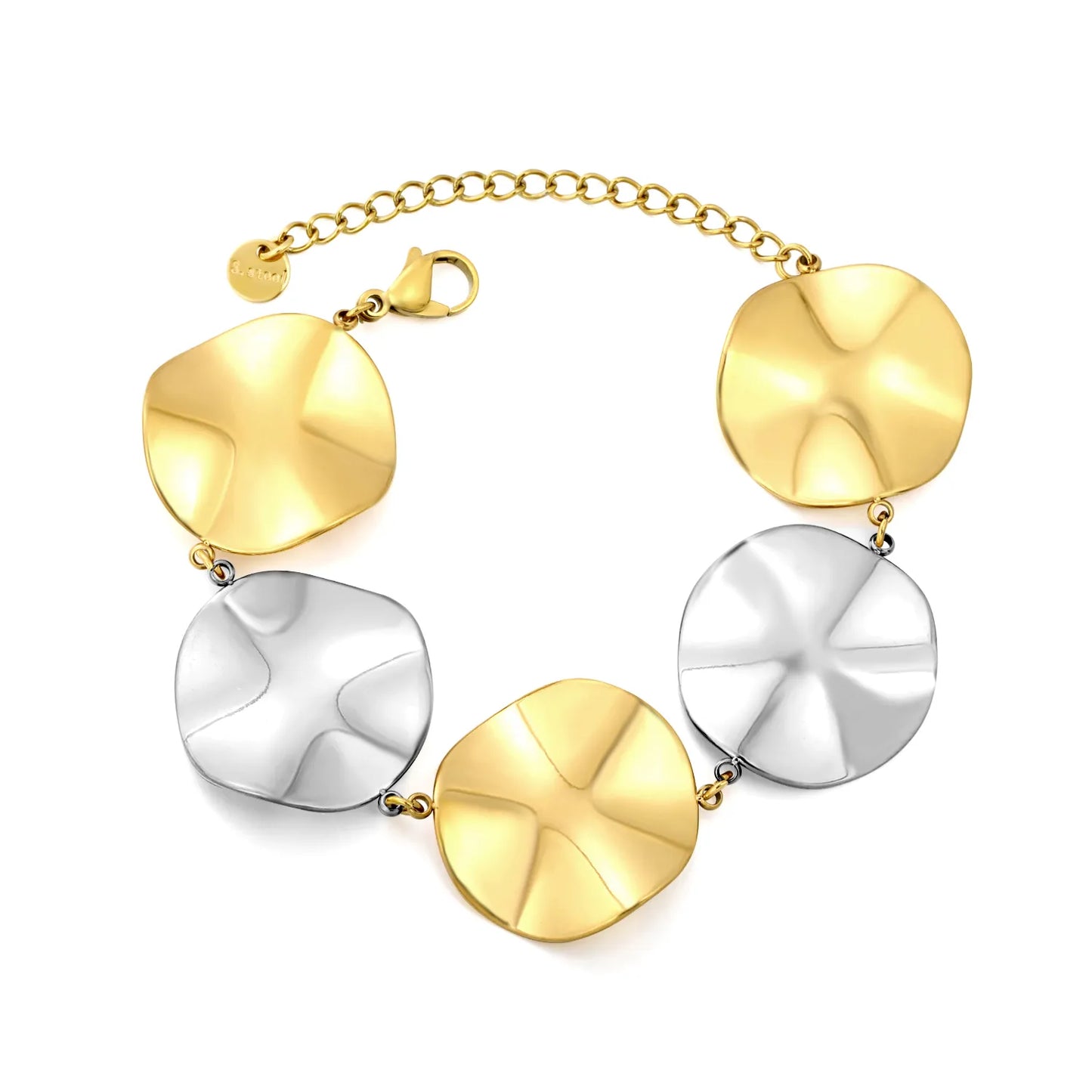 Irregular Concave Disc Link Bracelet | 18K Gold & Two-Tone Stainless Steel Textured Plate | Wholesale MOQ 12