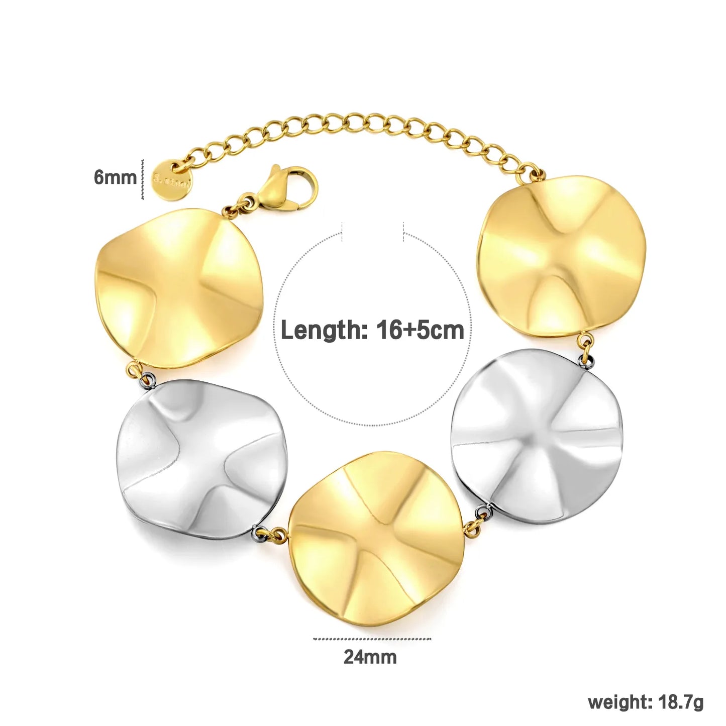 Irregular Concave Disc Link Bracelet | 18K Gold & Two-Tone Stainless Steel Textured Plate | Wholesale MOQ 12