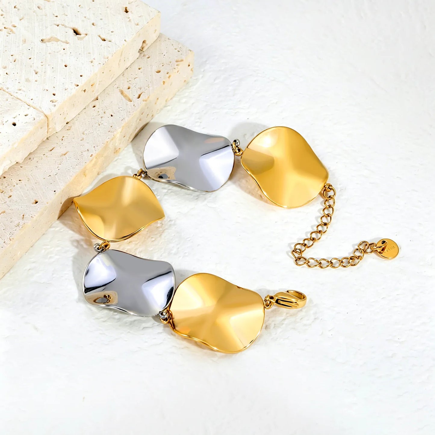 Irregular Concave Disc Link Bracelet | 18K Gold & Two-Tone Stainless Steel Textured Plate | Wholesale MOQ 12