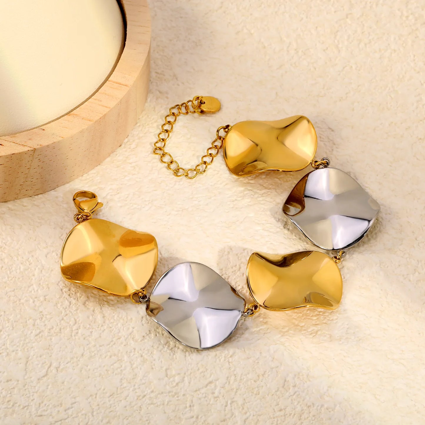 Irregular Concave Disc Link Bracelet | 18K Gold & Two-Tone Stainless Steel Textured Plate | Wholesale MOQ 12