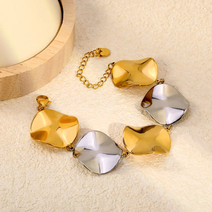 Irregular Concave Disc Link Bracelet | 18K Gold & Two-Tone Stainless Steel Textured Plate | Wholesale MOQ 12