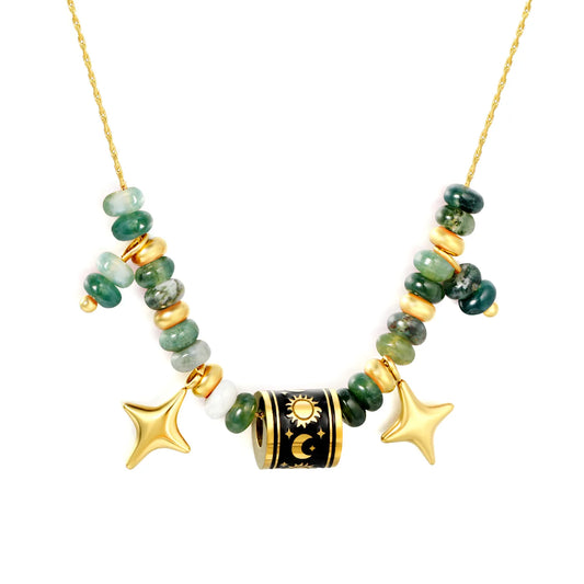 Adjustable Sun & Moon Enamel Barrel Natural Stone Bead Star Pendant 18K Gold Plated Stainless Steel Beaded Necklace | 3 Colors Available | Wholesale MOQ 12