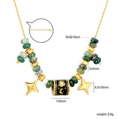Adjustable Sun & Moon Enamel Barrel Natural Stone Bead Star Pendant 18K Gold Plated Stainless Steel Beaded Necklace | 3 Colors Available | Wholesale MOQ 12