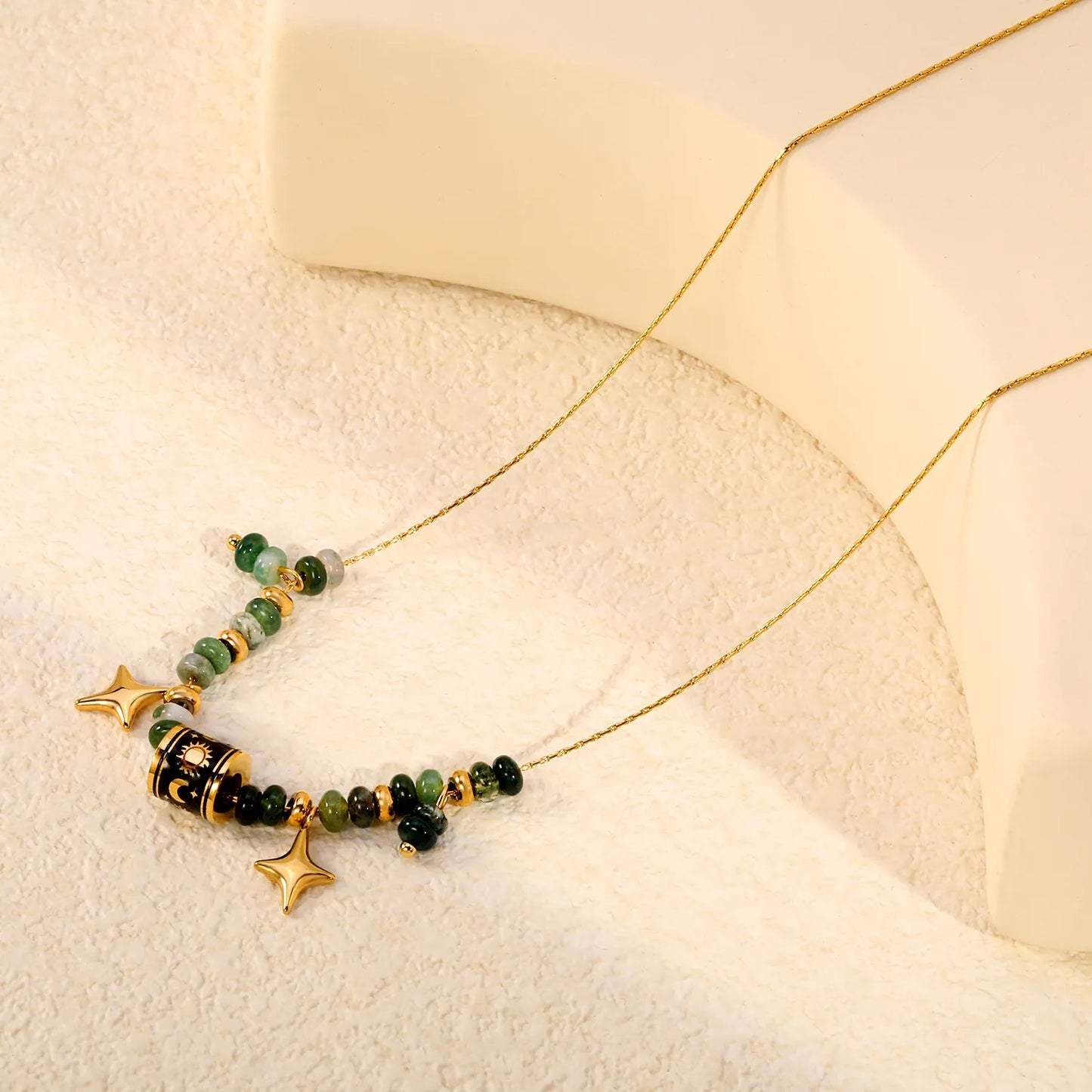 Adjustable Sun & Moon Enamel Barrel Natural Stone Bead Star Pendant 18K Gold Plated Stainless Steel Beaded Necklace | 3 Colors Available | Wholesale MOQ 12