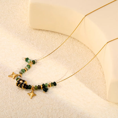 Adjustable Sun & Moon Enamel Barrel Natural Stone Bead Star Pendant 18K Gold Plated Stainless Steel Beaded Necklace | 3 Colors Available | Wholesale MOQ 12