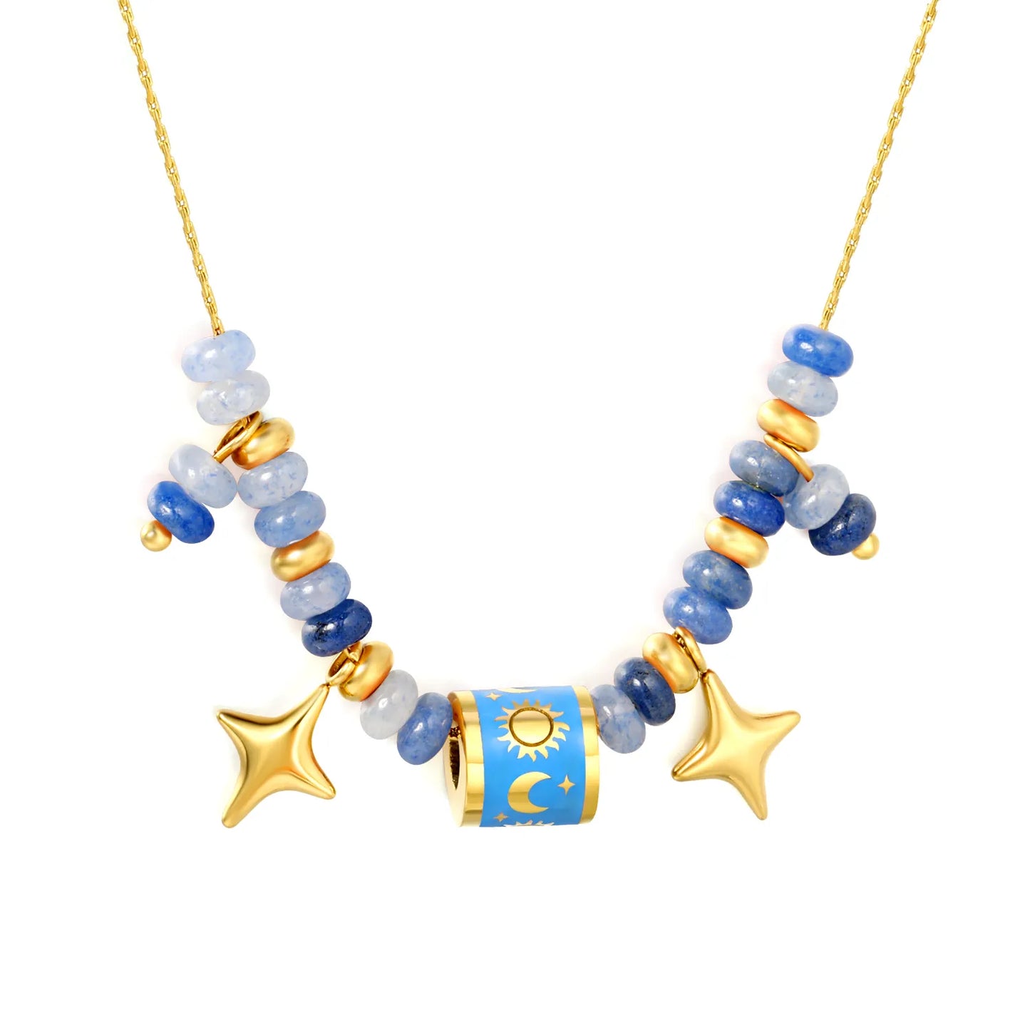 Adjustable Sun & Moon Enamel Barrel Natural Stone Bead Star Pendant 18K Gold Plated Stainless Steel Beaded Necklace | 3 Colors Available | Wholesale MOQ 12